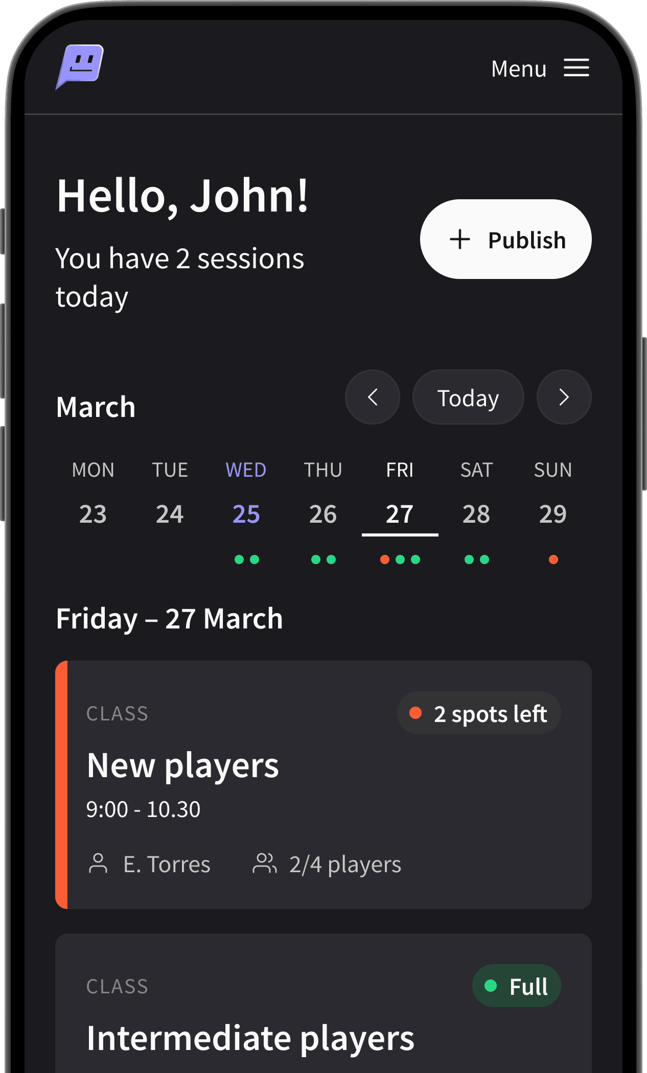 Admin schedule overview on a phone mockup